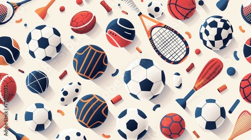 A Seamless Pattern Of A Soccer Balls, Tennis Rackets And Basketballs On A White Background. photo
