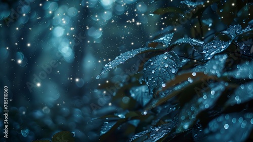 Glistening dew on leaves  close-up  eye-level view  night forest  starlight shimmer 