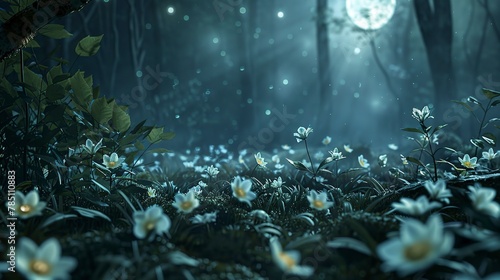 Fototapeta Naklejka Na Ścianę i Meble -  Nocturnal flowers blooming, close-up, low angle, night forest floor, luminescent moon rays