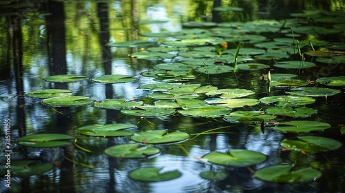 Lily pads on forest pond, close-up, eye-level view, mirrored trees, serene summer light