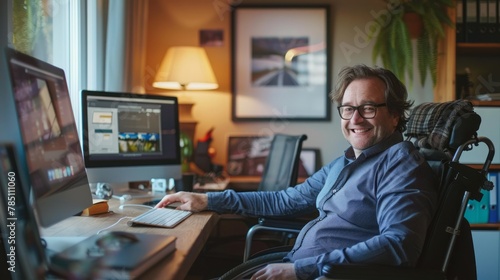 Man in glasses sitting at desk with dual monitors. Professional home office setup with copy space.