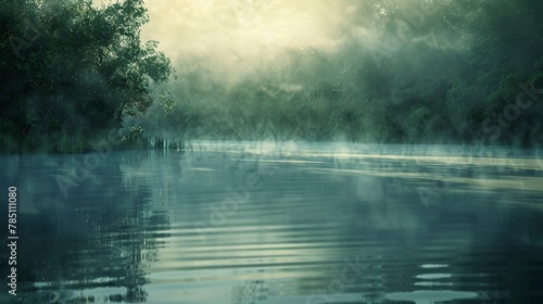 Misty water surface, ghostly forest reflection, close-up, high-angle, dawn's first light 