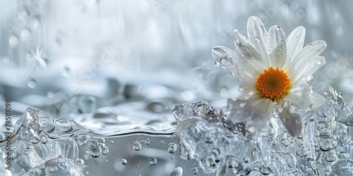 A delicate daisy flower emerges from a reflective water surface covered in sparkling droplets, symbolizing purity and freshness.