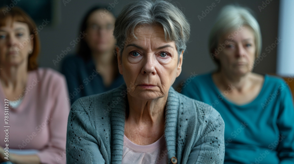 Senior woman looking worried sitting in a room with others in the background, reflecting concern and anticipation. Senior woman looking worried sitting in a room with others in the background, reflecting concern and anticipation.