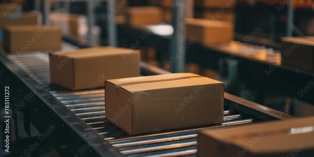 Cardboard boxes moving on a conveyor belt in a modern logistics warehouse. Cardboard boxes moving on a conveyor belt in a modern logistics warehouse.
