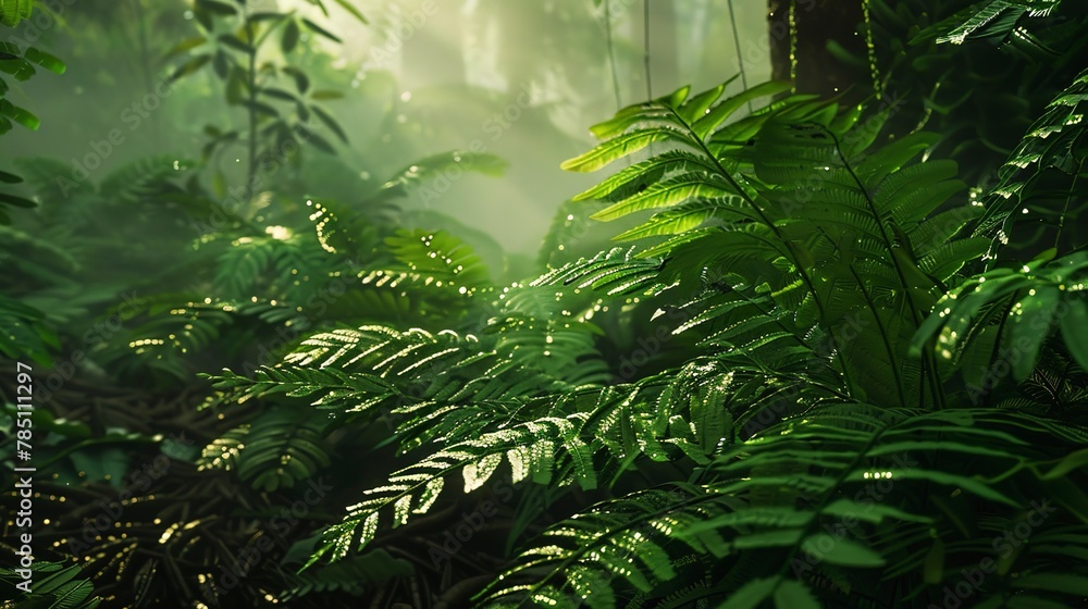 Lush ferns, dew-kissed, close-up, low angle, dense rainforest floor, early light filtering