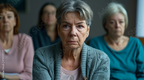 Senior woman looking worried sitting in a room with others in the background, reflecting concern and anticipation.
