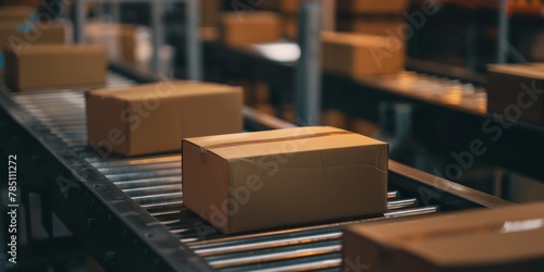 Cardboard boxes moving on a conveyor belt in a modern logistics warehouse. © tashechka