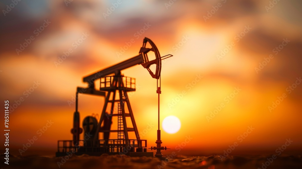 Silhouetted oil pump jack operating against a dramatic sunset, representing energy and industry.
