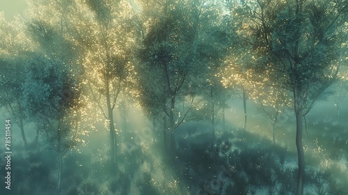 Holographic trees, shimmering, close-up, high-angle, virtual forest, soft digital haze photo