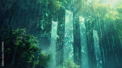 Pixelated waterfall, close-up, eye-level, digital rainforest, cascading bits, ethereal light 