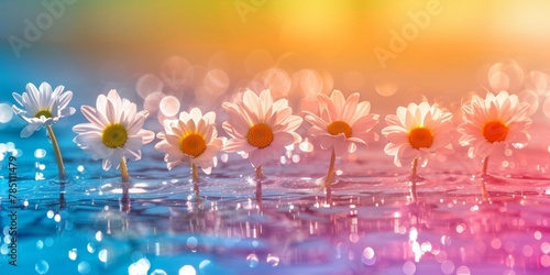 White daisies elegantly floating on calm water with a beautiful golden hour sunlight reflecting.