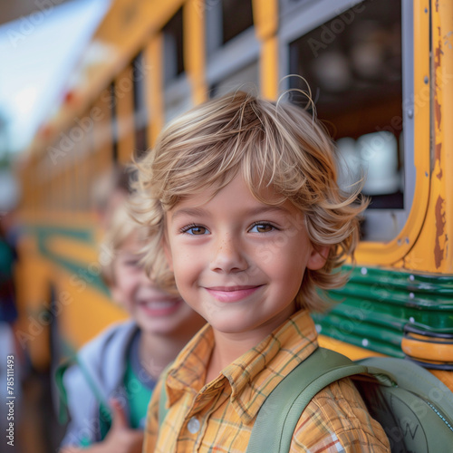 A boy with blonde hair is smiling and standing next to a yellow school bus. He is wearing a yellow shirt and a green backpack