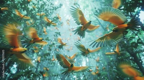 AI-generated birds in flight, close-up, high-angle, synthetic forest backdrop, algorithmic beauty 