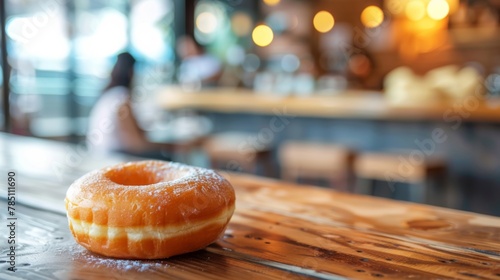 A single glazed donut with powdered sugar on top, resting on a wooden table in a cozy café.