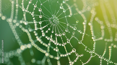 Dewdrops on spider web, macro, close-up, shimmering detail, morning's delicate art -