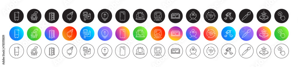 Smartphone, Mental health and Education line icons. Round icon gradient buttons. Pack of Refrigerator, Reminder, Ice cream icon. Swipe up, Metro, Throw hats pictogram. Vector Smartphone, Mental health and Education line icons. Round icon gradient buttons. Pack of Refrigerator, Reminder, Ice cream icon. Swipe up, Metro, Throw hats pictogram. Vector
