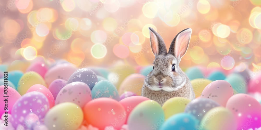 A charming Easter Bunny surrounded by a multitude of colorful eggs, with a backdrop of soft bokeh lights. A charming Easter Bunny surrounded by a multitude of colorful eggs, with a backdrop of soft bokeh lights.