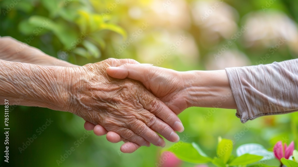 A warm, intergenerational handshake between an elderly person and a younger individual outdoors. A warm, intergenerational handshake between an elderly person and a younger individual outdoors.