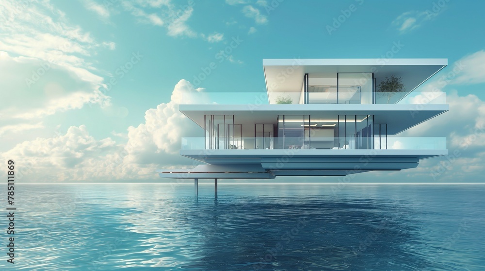 A Futuristic House Floating In The Middle Of A Calm Ocean. 