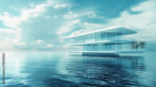 A Futuristic House Floating In The Middle Of A Calm Ocean. 