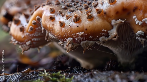 Fungi underbelly, macro, close-up, hidden world, gills and spores, damp earth photo