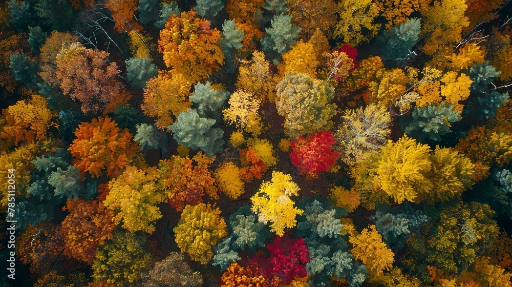 Autumn forest, vibrant colors, aerial close-up, bird's-eye view, patchwork of fall, golden hour