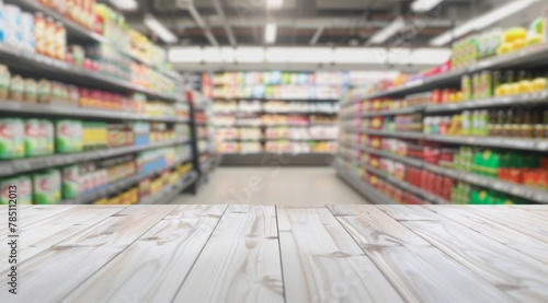 A high-resolution image of a bright supermarket aisle, defocused with an empty wooden table foreground.