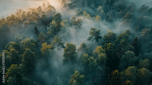 Misty forest from above, close-up, high-angle, morning fog weaving through trees, silent dawn  © Thanthara