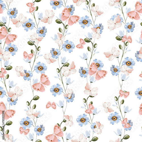 Watercolor pattern with  flowers and butterfly flowers.