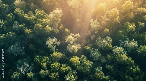 Spring bloom  forest awakening  aerial close-up  high-angle  floral burst  morning glow 