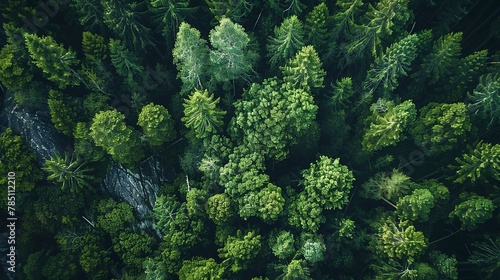 Mountain forest edge, aerial view, close-up, bird's-eye perspective, rugged terrain meets lush green  photo