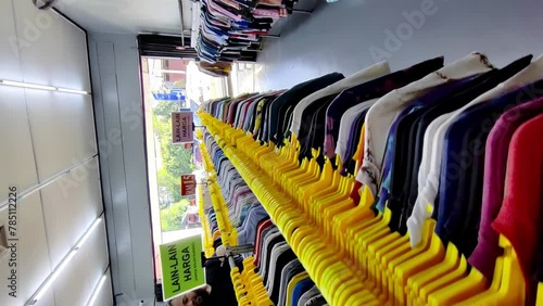 Kota Bharu, Malaysia - March 8, 2024 Interior of the bundle shop or second hand clothes in Kelantan. Slow motion, vertical in 4K photo