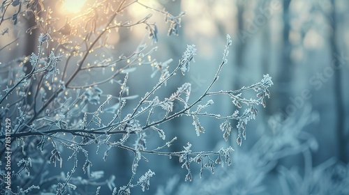Winter stillness, frosted branches, close-up, straight-on angle, serene forest, crisp dawn 