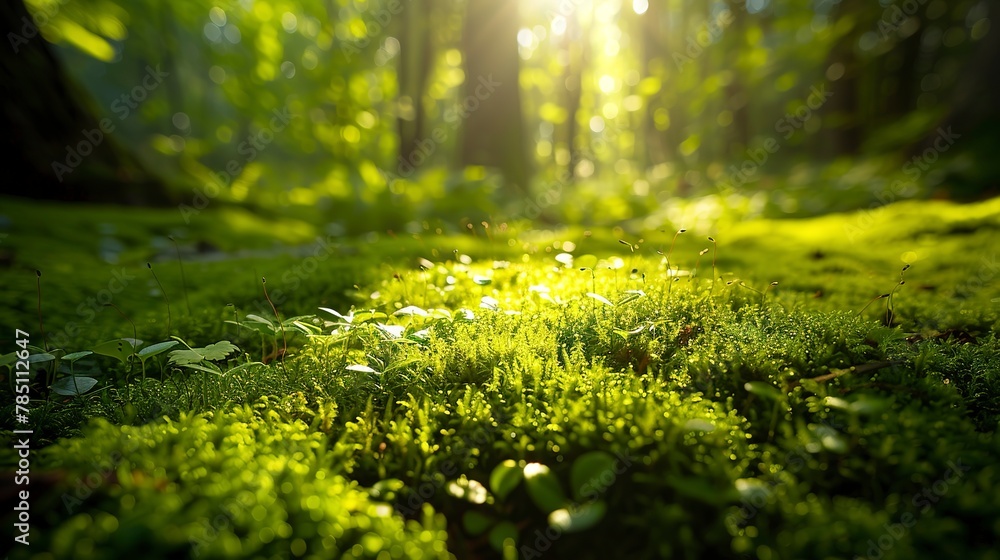 Dappled sunlight on moss, close-up, high-angle, forest floor, midday magic Dappled sunlight on moss, close-up, high-angle, forest floor, midday magic