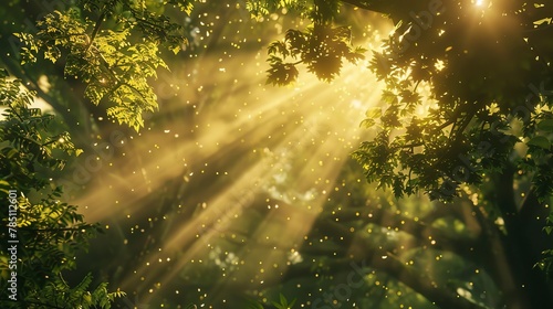 Golden rays piercing green canopy  close-up  low angle  forest cathedral  morning light 