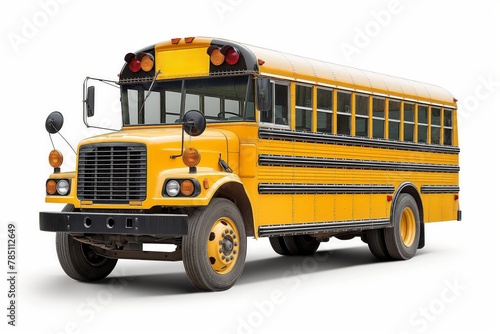 A vibrant yellow school bus isolated on white background, symbolizing education and student transport.