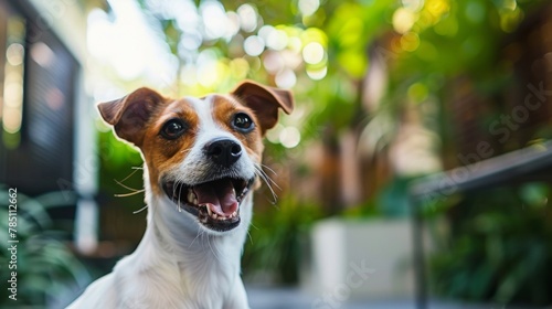 A joyful Jack Russell Terrier dog smiling with a blurred green background.