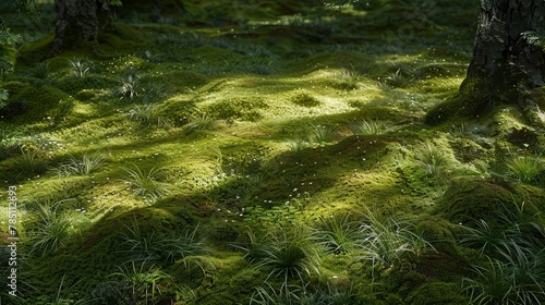Dappled sunlight on moss, close-up, high-angle, forest floor, midday magic