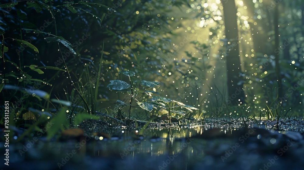Twilight rays, through branches, close-up, ground-level camera, quiet forest, fading light Twilight rays, through branches, close-up, ground-level camera, quiet forest, fading light