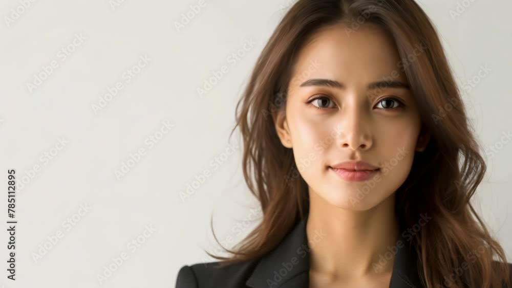 Millennial 35s woman portrait. Asian female freelancer in black suit. Girl headshot. Young adult entrepreneur person photo. Asia business career. White background. Successful confident businesswoman. Millennial 35s woman portrait. Asian female freelancer in black suit. Girl headshot. Young adult entrepreneur person photo. Asia business career. White background. Successful confident businesswoman.