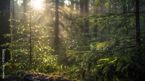 Morning sun, dew sparkles, close-up, straight-on shot, forest renewal, crisp air
