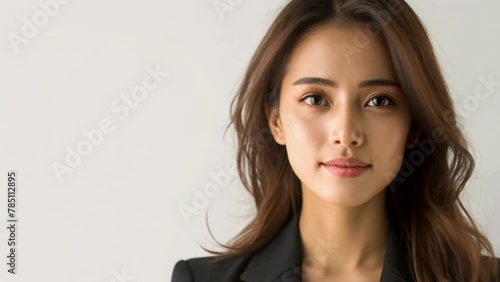Millennial 35s woman portrait. Asian female freelancer in black suit. Girl headshot. Young adult entrepreneur person photo. Asia business career. White background. Successful confident businesswoman. photo