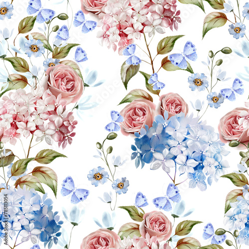 Watercolor pattern with the different hudrangea flowers and roses.