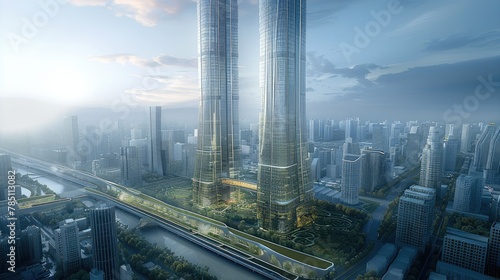 The design plan for the future city, commercial buildings, and residential areas. Two tall twin towers with glass curtain walls on top. Generative AI.
