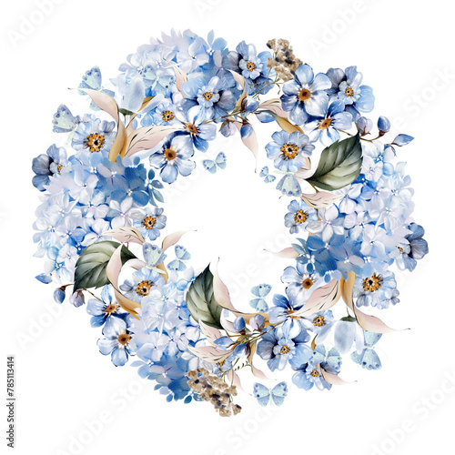Watercolor wedding wreath with blue flowers and leaves.