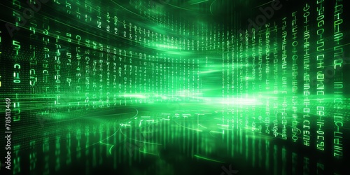 Green abstract binary code background with glowing light rays and digital numbers for technology concept