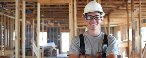 Young construction apprentice with tools in a building frame. Candid portrait with indoor lighting