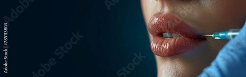 close up doctor hands in medical glove give filler of botox injection in lips. aesthetic plastic medicine surgery, dermatology beauty concept. AI generate