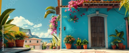 A blue house with plants and potted flowers in front of it, in the style of digital art, illustration painting, tropical colors, vibrant, sunny day, high detail